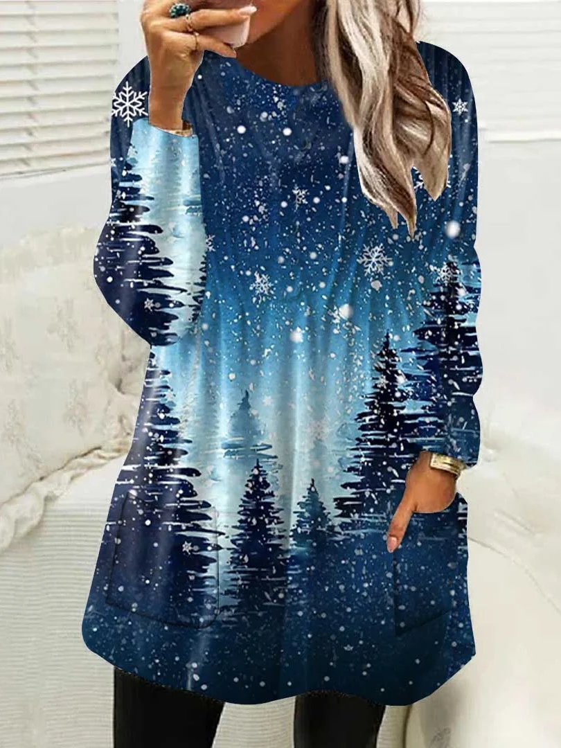 

Plus Size Women Long Sleeve Scoop Neck Printed Gradient Christmas Long Tops