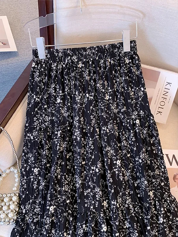 Falda Midi de Verano con Cintura Alta, Estilo Vintage, Estampado Floral, Cintura Elástica, Color Albaricoque, Versátil, Corte en A para Mujer