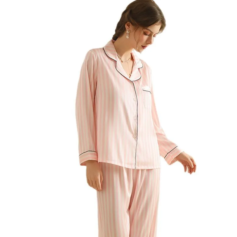 طقم بيجامات نسائي مكون من قطعتين ملابس نوم مخططة باللون الوردي والحرير والساتان وبنطلون بيجامات بدلة فضفاضة ملابس منزلية غير رسمية ملابس نوم