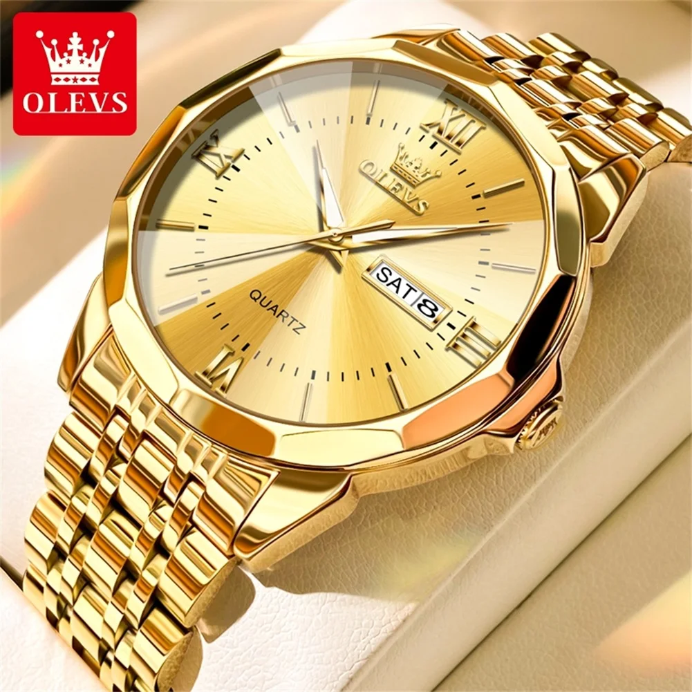 OLEVS 9989 Brand Quartz Watch Diamond Coating Dual Calendar Window 30m Waterproof Luminous Function Precision Steel Watch