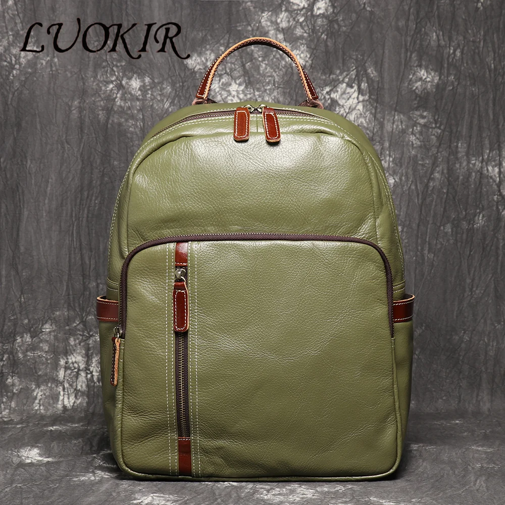 LUOKIR Vintage Men's Genuine Leather Backpack Casual Versatile Cowhide Travel Bag Color Block School Bag Soft Leather Book Bag