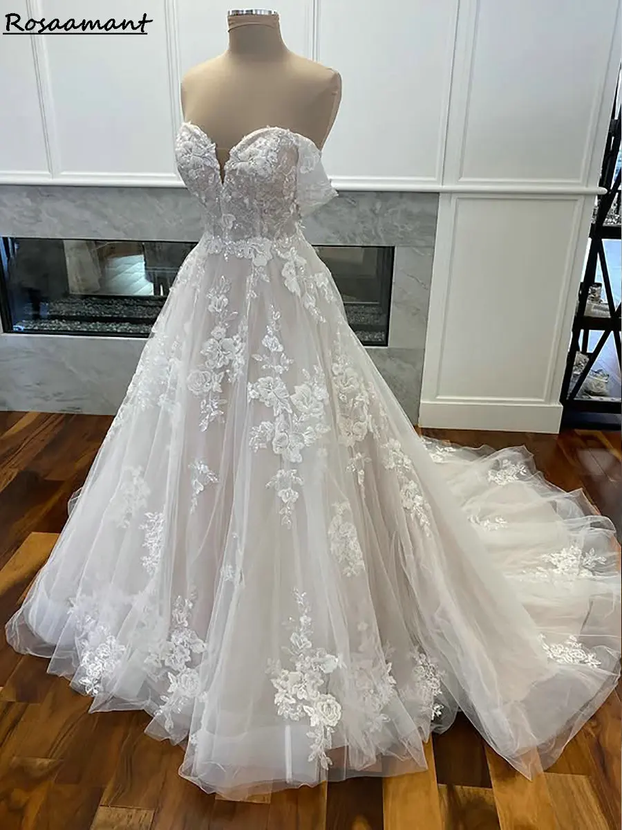 Luxury Floral Appliques Lace A-Line Wedding Dresses Off The Shoulder Country Bridal Gowns
