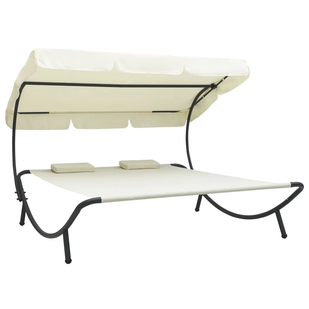 Outdoor Sun Bed Portable Double Chaise Lounge Bed with Adjustable Canopy and Headrest Pillows Gray/Brown/White[US-Stock]