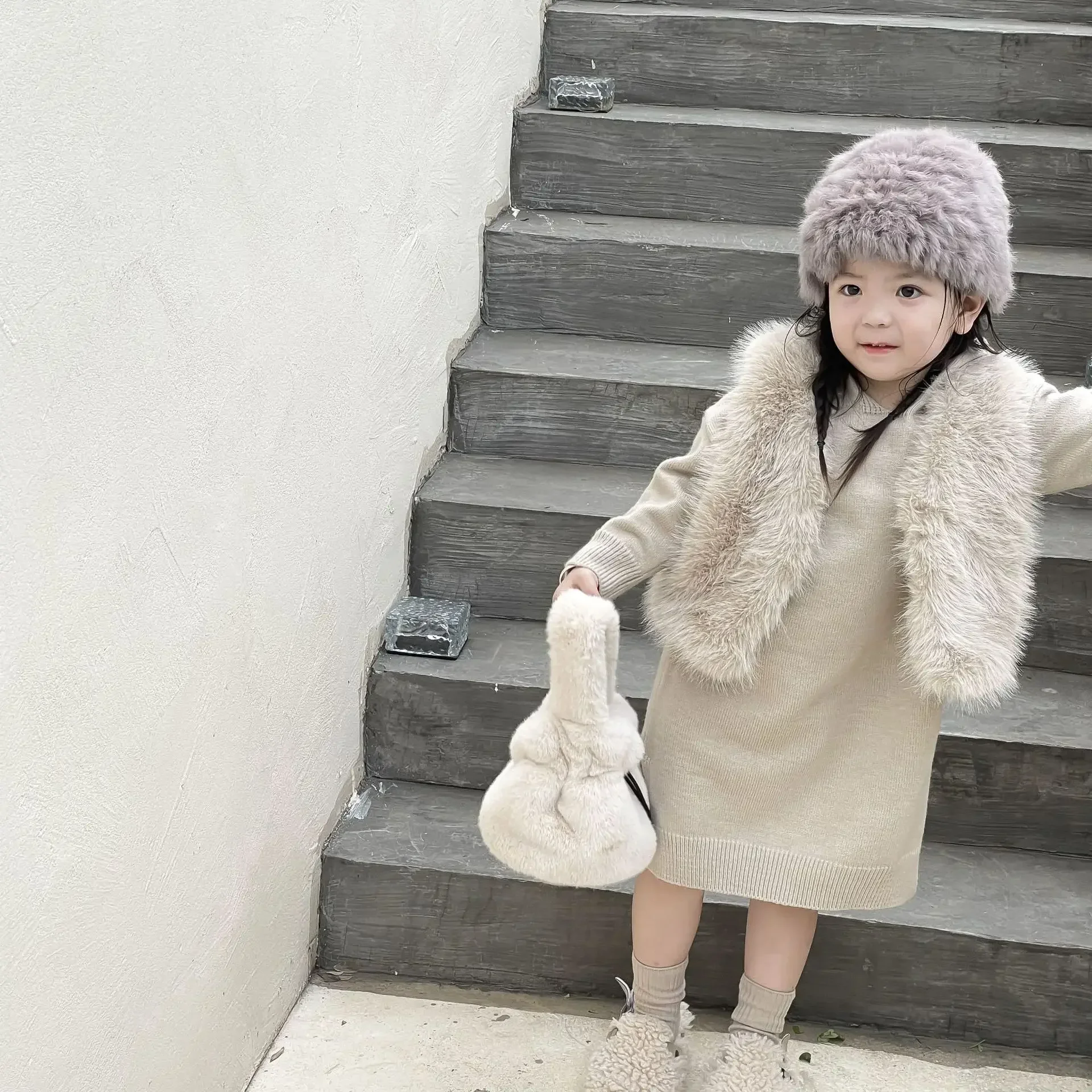 2023 Winter New Children\'s Clothing Girls\' Solid Color Furry Vest Children\'s Waistcoat Baby Plush Fur Vest