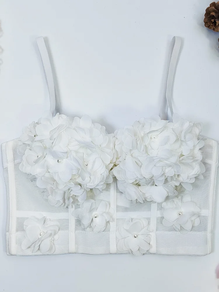 Wireless Bralette Tank Top with Integrated Chest Pad Fishbone Strap Lace Outerwear Stylish Back Pearl Embellished 3D Flower