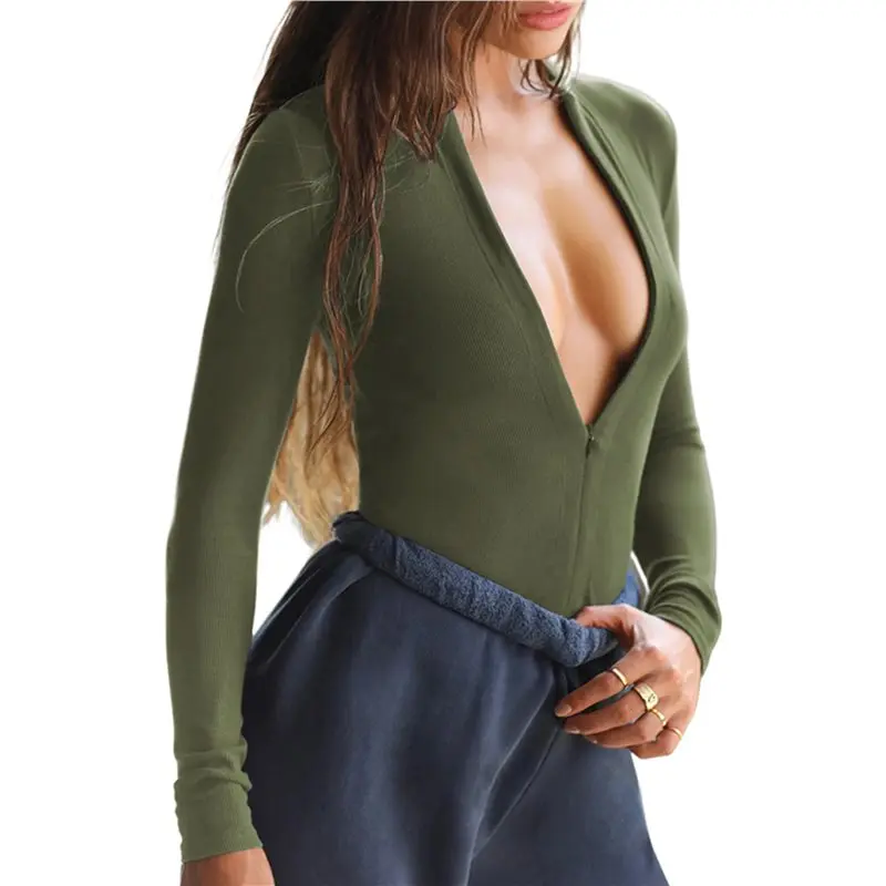 

Женский комбинезон CYL-Women однотонного цвета с длинными рукавами, в рубчик, повседневный, на молнии спереди, облегающий, короткий, для тренировок.