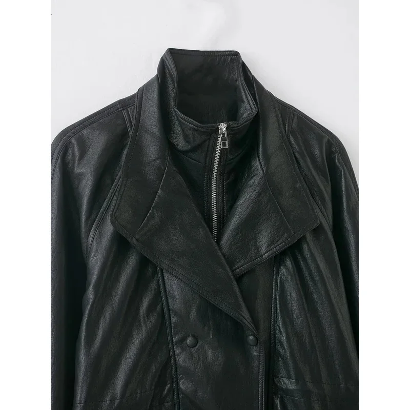 شتاء جديد أزياء المرأة الرجعية نمط المال القديم الوقوف طوق كم طويل بولي Leather سترة جلدية معطف متوسط الطول