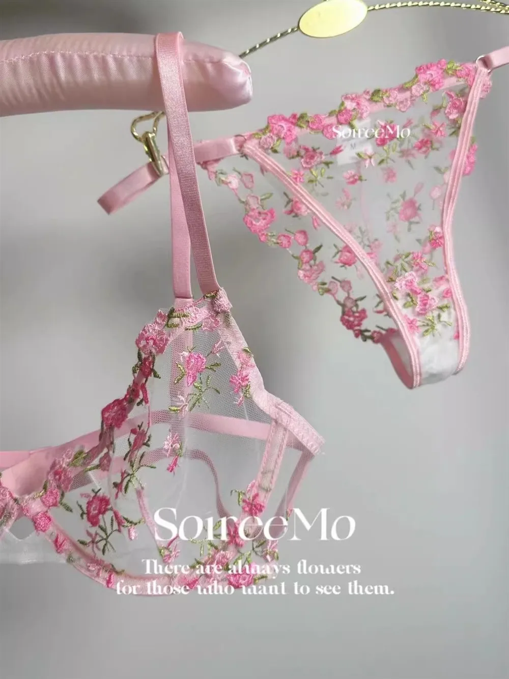 Vintage Französische Dienstmädchen-Sexy-Dessous, durchsichtiges Set mit Blumenstickerei, schwere Spitze, 32–38 AB, bequeme Unterwäsche in Übergröße MOYISU – Detail 14