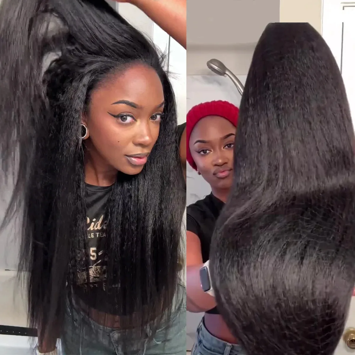 32 Inch 3 IN 1 Half Wig Kinky Straight Human Hair Glueless Wig Human Hair Ready to Wear Half Wig Drawstring Glueless Half Wig