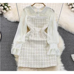 Elegant Chiffon Splicing Tweed Mini Dress Women Long-sleeved A-line Party Club Autumn Winter Spring 2025