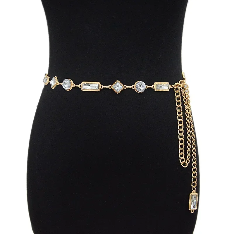 2024 Fashion Lady Acrylic Crystal Metal Waist Chain Dress Coat Sweater Suit Decoration Belts for Women Luxury Designer Brand