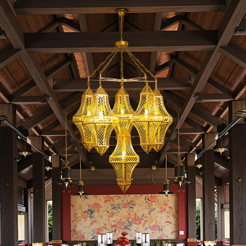 Wrought iron hollow multi-head retro chandelier restaurant hotel living room creative decoration atmosphere light