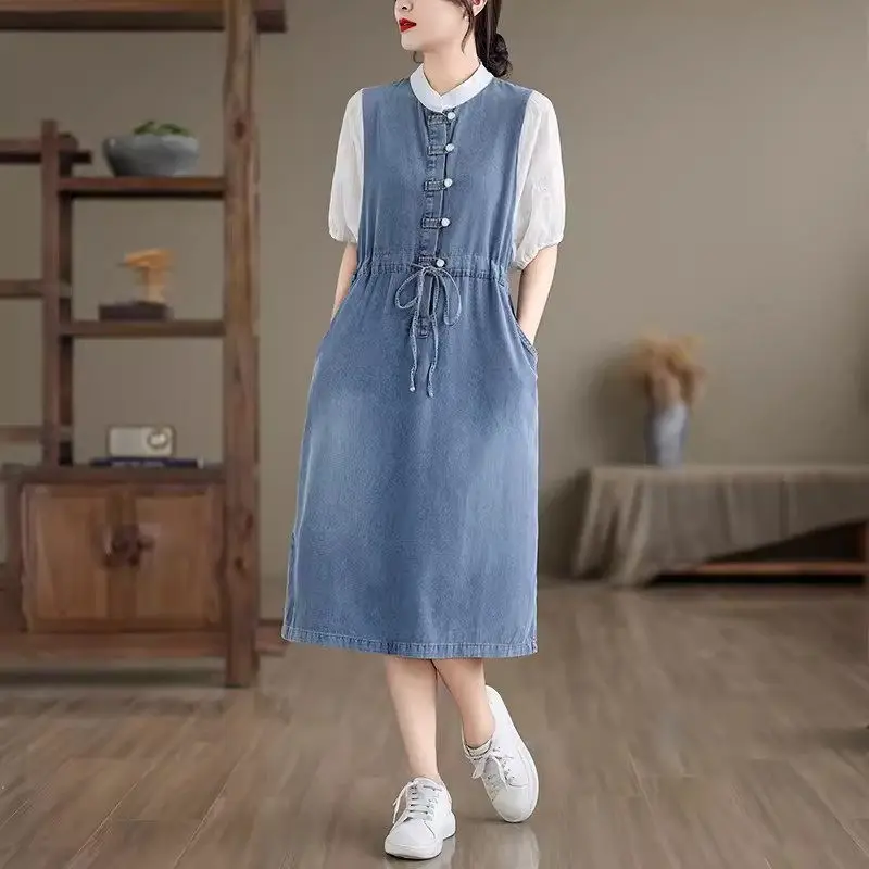 Fashionable Splicing Short Sleeve Denim Dress For Women Summer 2024 New Chinese Style Button Up Light Color Jeans Dresses K1019