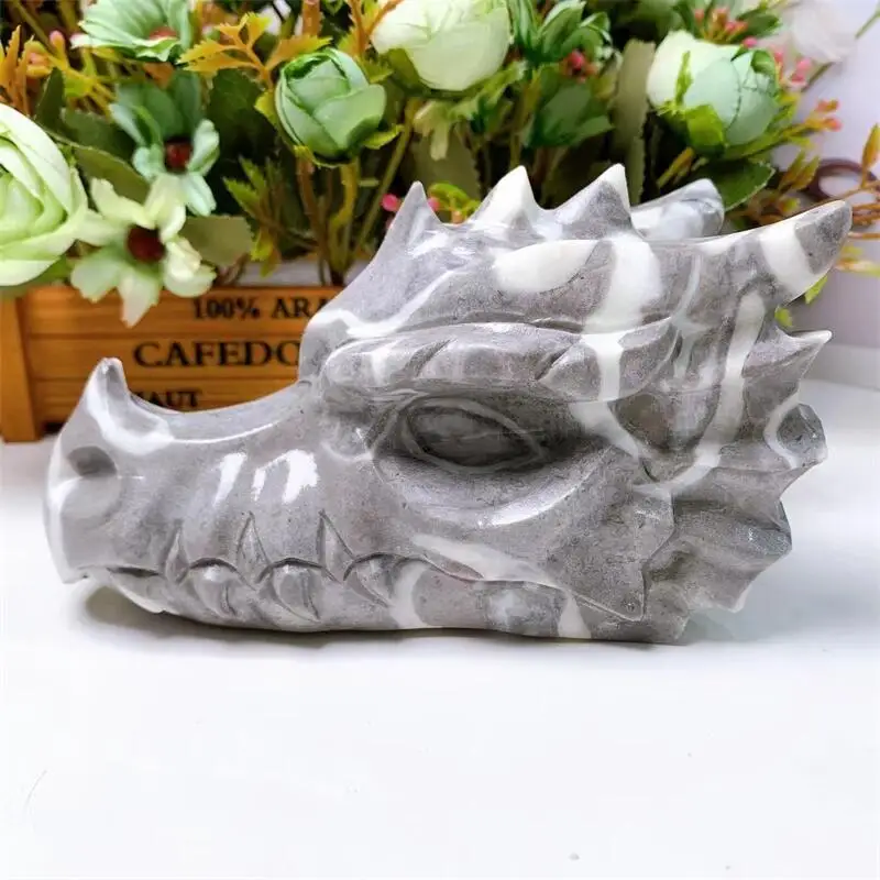 

Natural Shellstone Dragon Skull Carving Carvings Crystal Powerful Energy Wicca Decor Home Decoration Gift 1pcs