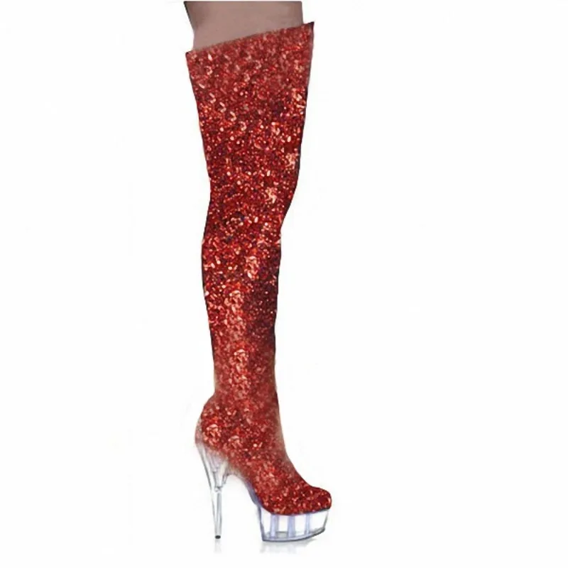 Women's Boots Over The Knee New Nightclub Style European and American Crystal Pole Dance Boots 15CM Stiletto Women Shoes Purple image 2