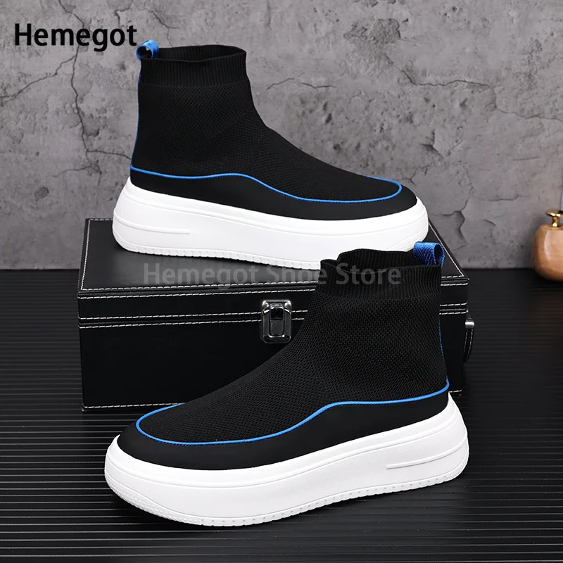 

High-Top Elastic Socks Boots Shoes Men's Spring Autumn Breathable Casual Slip-On Board Shoes Thick-Soled Heightened Boots