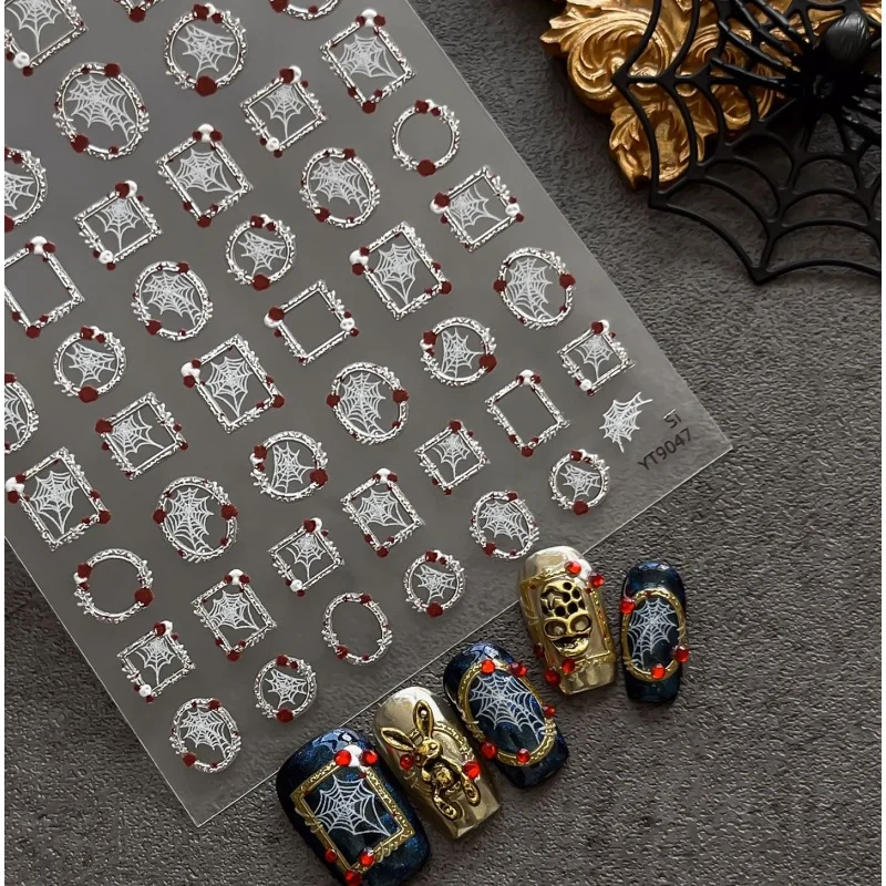 Retro Gold Silver Hollow Square Circle Photo Frame Spider Web Red Spot Mildly Scary Adhesive 3D Nail Art Sticker Manicure Decals