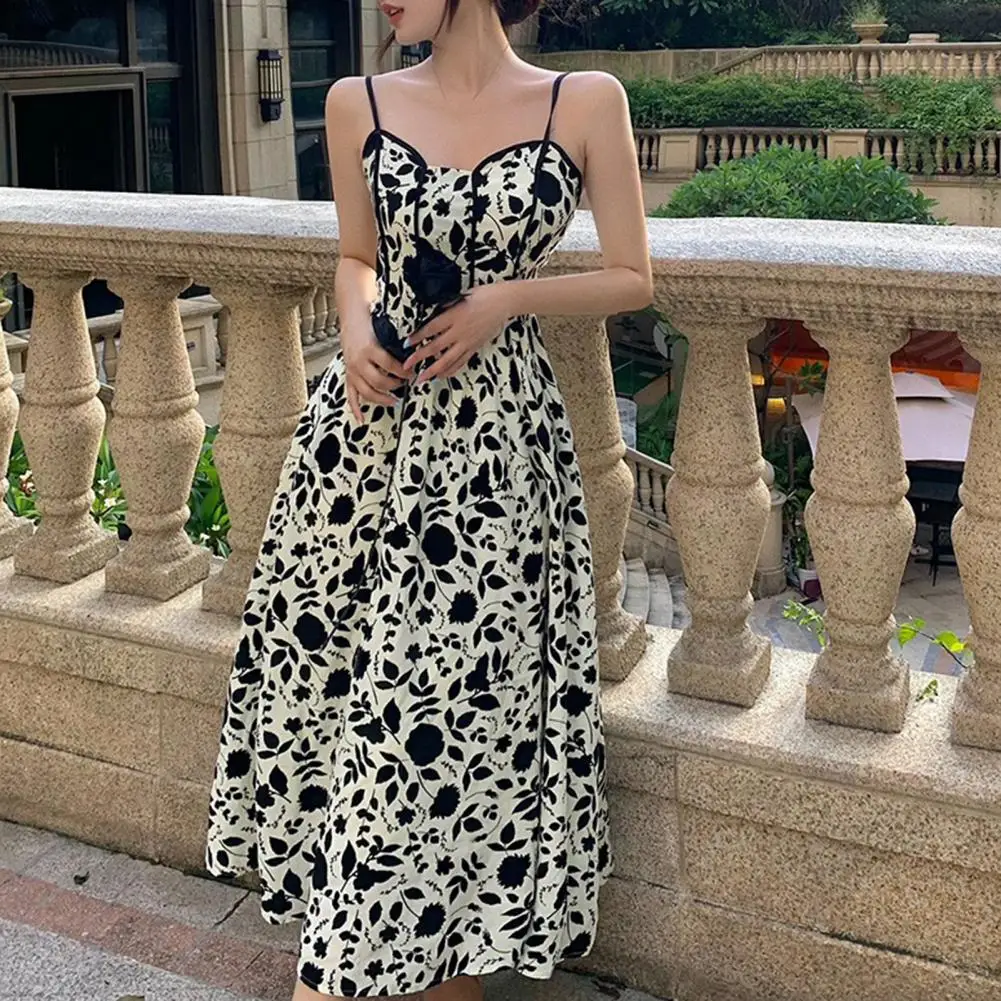 

Slim Fit Midi Dress Elegant Vintage Floral Print Midi Dress for Women V-neck Summer Party Dress with High Waist Straps