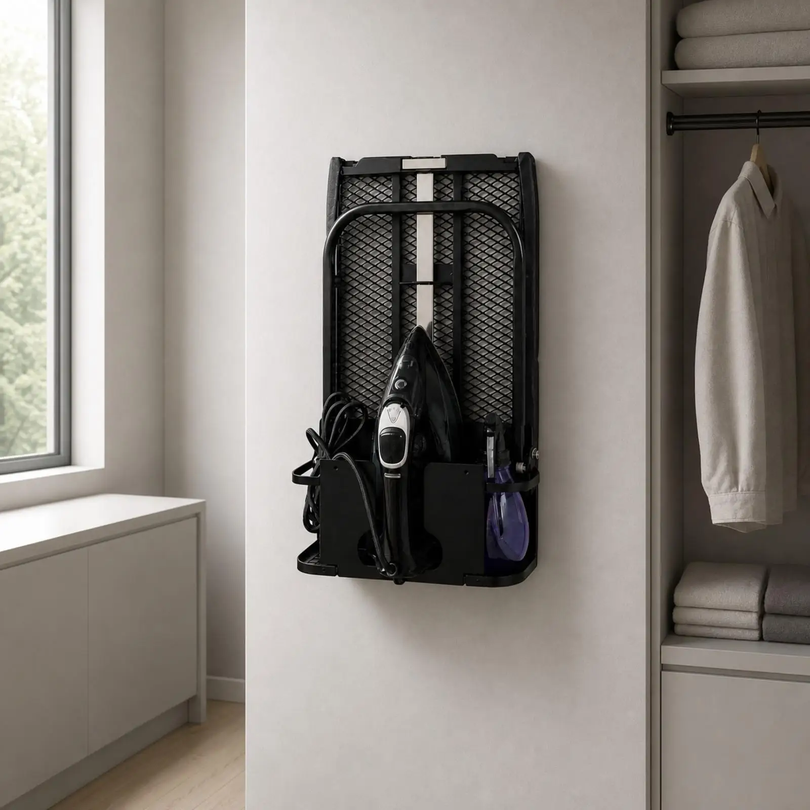 Fold Away Wall Ironing Board with Storage Basket Perforated Metal Surface Padded Cover for Space Saving Laundry Ironing Station