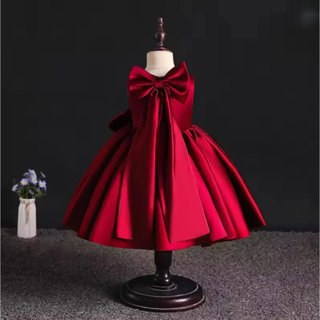Sage Green Satin Flower Girl Dress Big Bow Sleeveless Kids A‑Line Formal Gown For Wedding Baptism Birthday Party