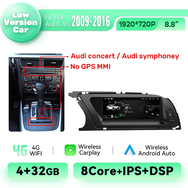Xonrich Draadloze Carplay Android 14 Auto Radio Voor Audi A5 2009-2016 Gps Navi 8.8Inch Ips Scherm Speler 4G Wifi Stereo Bluetooth