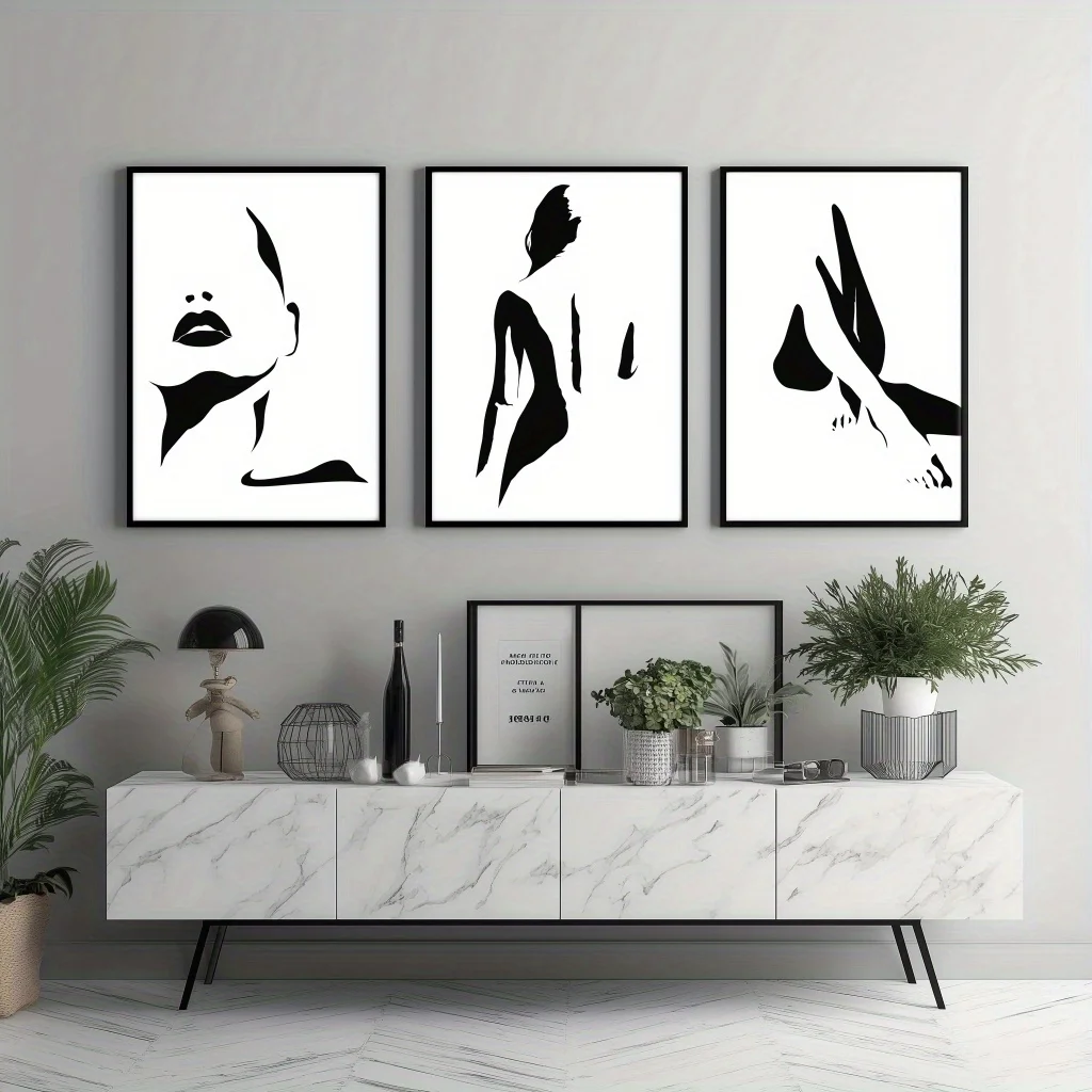مجموعة ديكورات قماشية بدون إطار مكونة من 3 قطع، فن أنيق لكل زاوية من فن تجريدي منزلي، ملصق أزياء نسائي، C #5