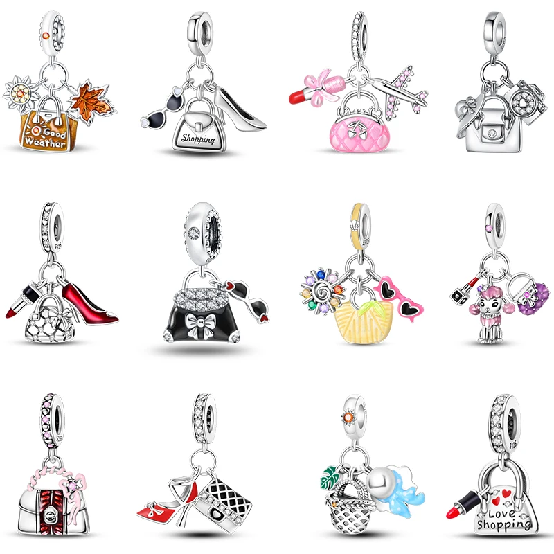 

Women's S925 Silver Color Handbag With Elegant Charms Beads Pendants 3mm DIY Fine Jewelry Making Gifts