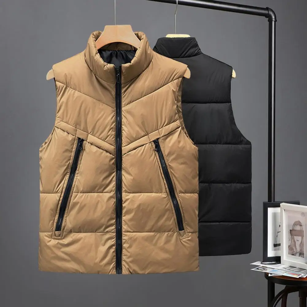 Men Waistcoat Stand Collar Sleeveless Zipper Placket Vest Coat with Pockets Solid Color Thickened Quilted Cotton Vest Jacket