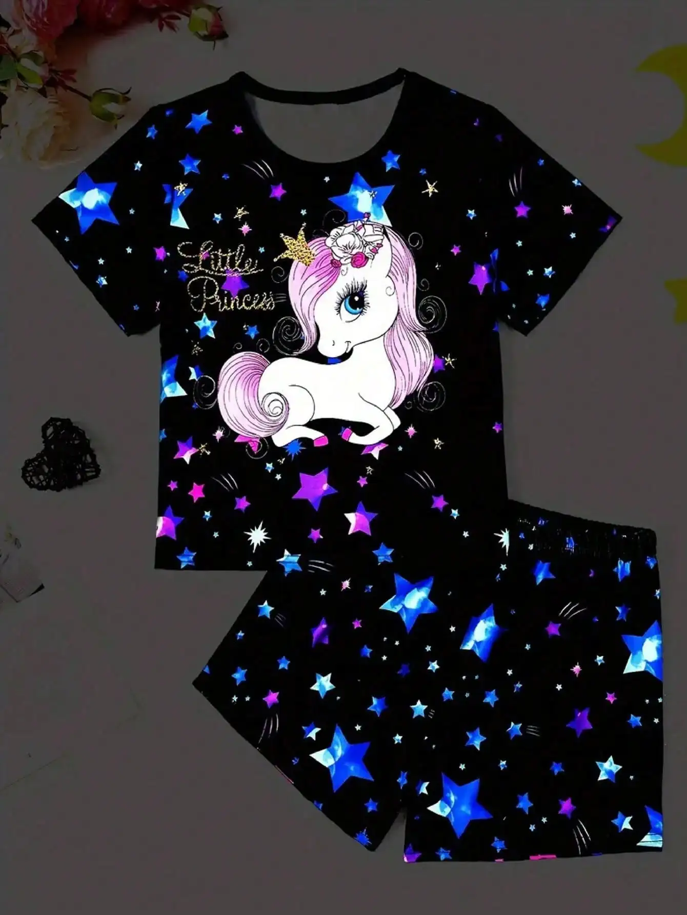 Girls' Summer Two Piece Set Pony Star Print round Neck Short Sleeve Top with Star Printed Wide Leg Shorts for Home Leisure