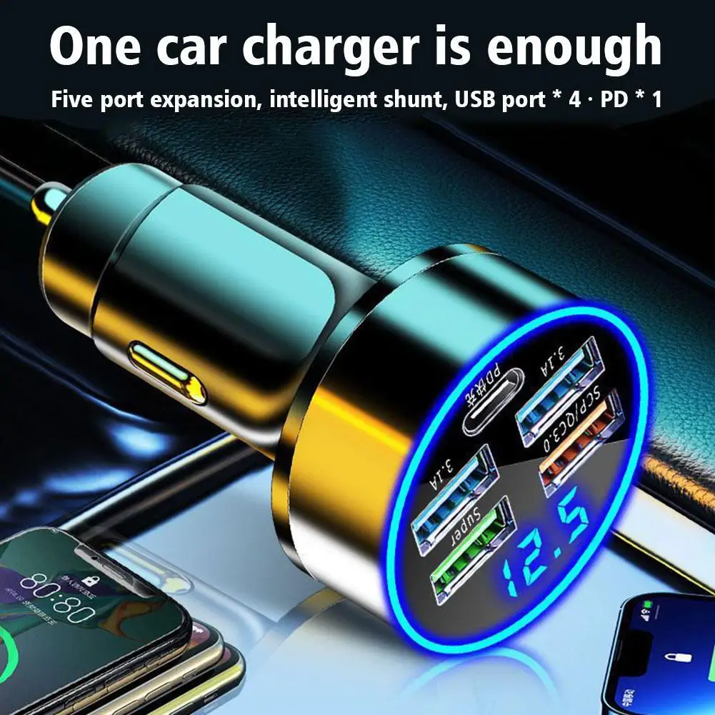 250W 4 Ports USB Car Charger Type C PD QC3.0 Fast Charging Adapter LED Display for Huawei iPhone 14 13 12 11 Pro Max