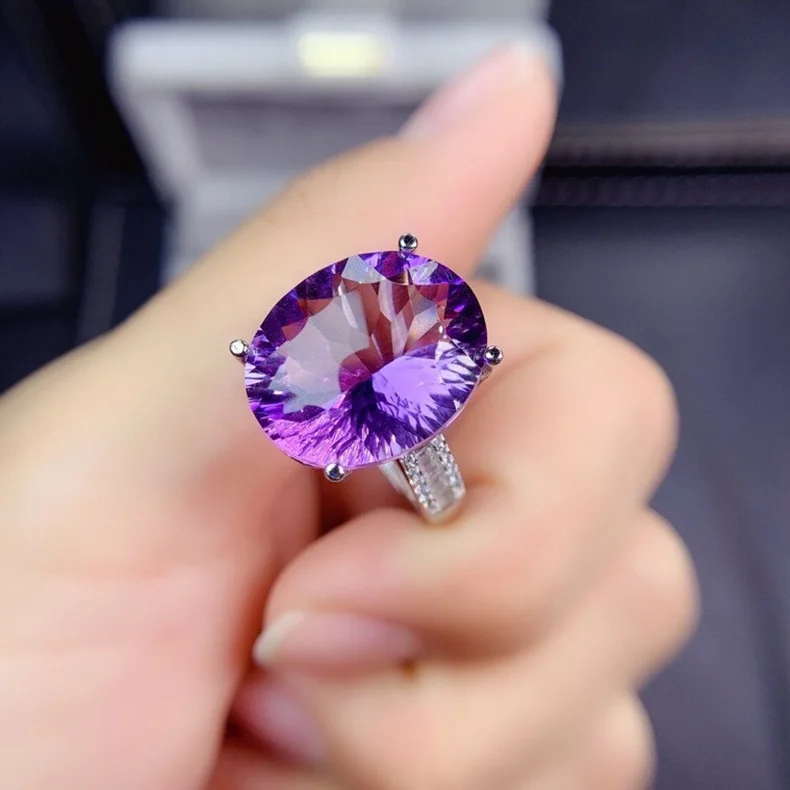 Natuurlijke Paarse Amethist Quartz Verstelbare Ring 14X12Mm Vrouw Clear Amethyst Facet Bead 925 Zilveren Rijke Steen Aaaaa