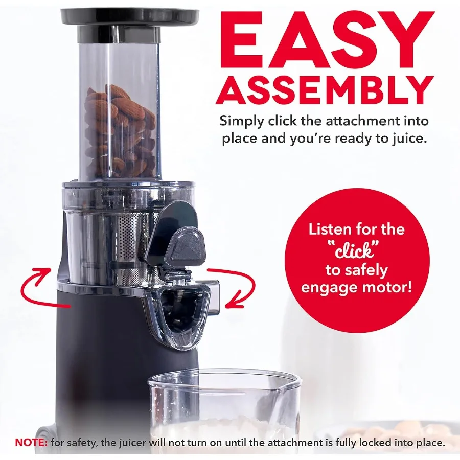 デラックスコンパクト低速ジューサー、簡単洗浄設計、コールドプレス技術、洗浄ブラシ、果肉計量カップ付き