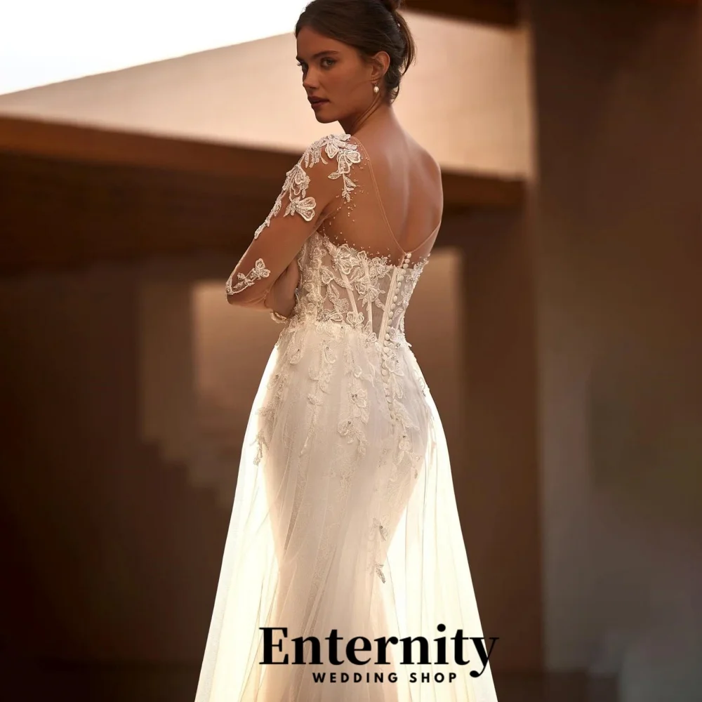 فساتين زفاف مخصصة طويلة الأكمام الساحرة س الرقبة للنساء Ruched الساحرة الدانتيل زين زي العرائس Vestidos De Novia