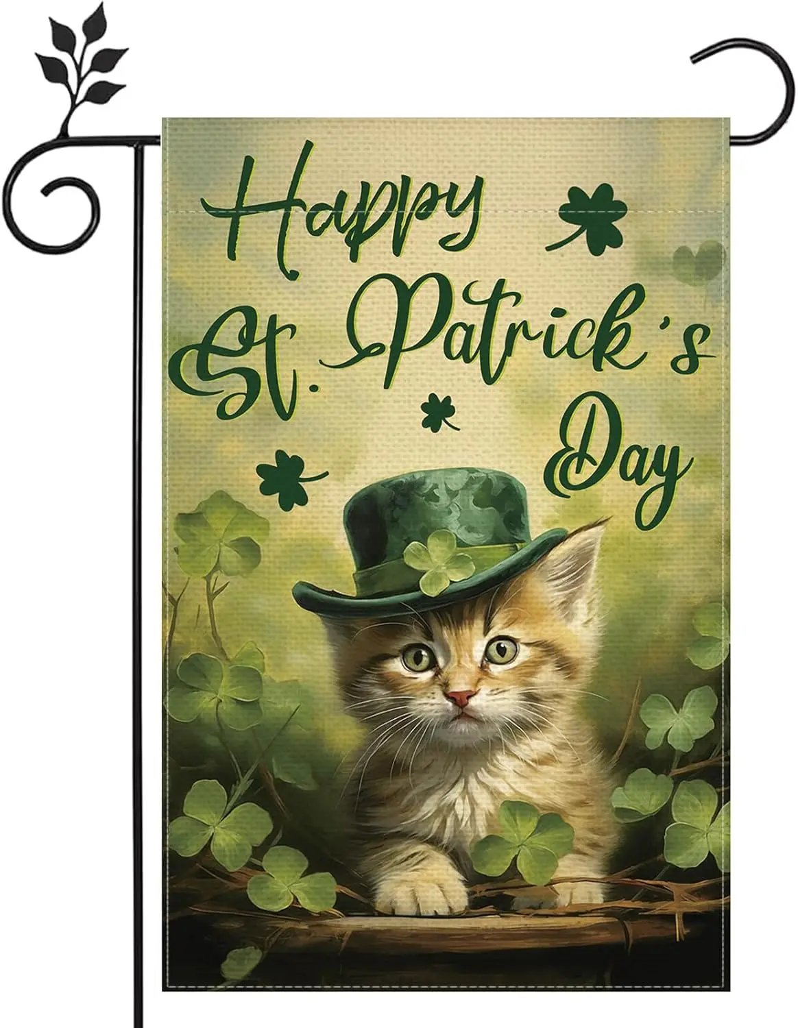 Cat Happy St. Patrick's Day clover and four-leaf clover Garden Flag 12x18 Inch double-sided Small Burlap Outdoor Yard La LLX PPM