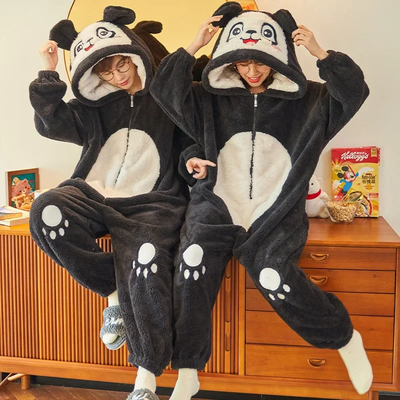 Adults Animal Pajamas Sets Cartoon Sleepwear Cosplay Zipper Women Men Winter Flannel Pijama One Piece Nightwear roupa de dormir