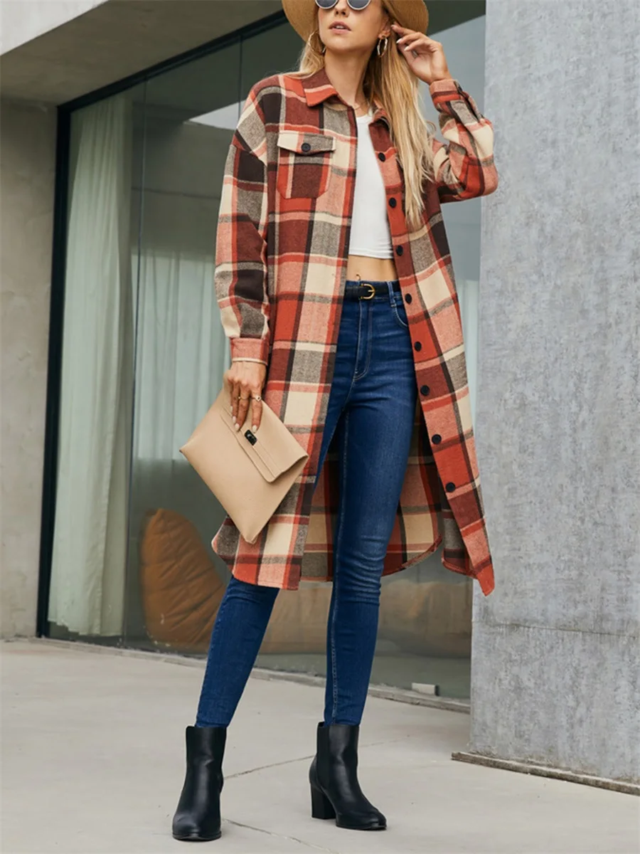 Women s Plus Size Plaid Lapel Neck Long Sleeve Button Down Coat Casual Streetwear Winter Jacket Warm Outwear Coat