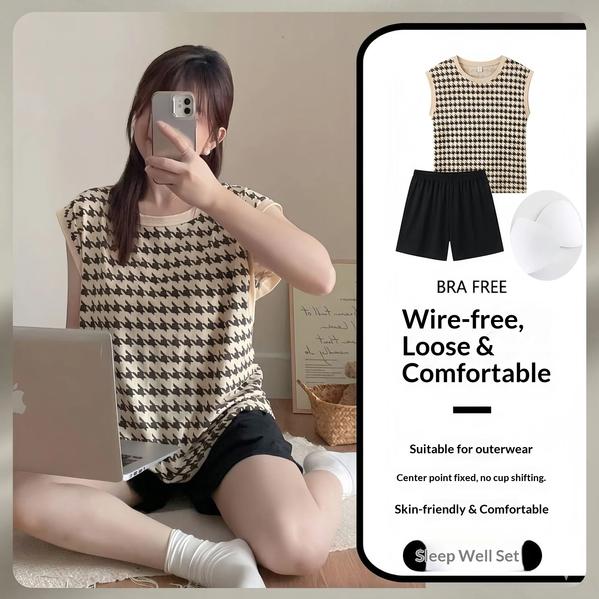 Women's Cuffless Chest Circumference Sleepwear Home Suit Set, Summer Striped Round Neck Comfortable Vest Shorts Sleepwear Set 6