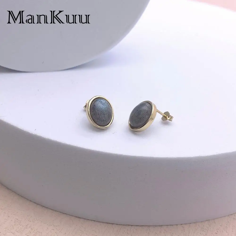 

Mankuu Fashion Minimalist 925 Silver Needle Natural Labradorite Gemstone Oval Stud Earrings Charm Jewelry For Women Gifts