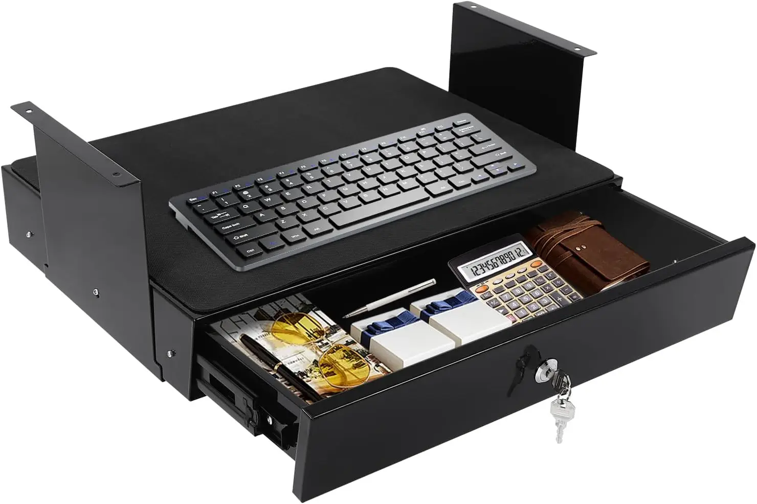 

Under Desk Mounted Sliding Drawer, Pull-Out Storage Organizer with Pencil Tray and 60 Degree Tilt Panel, Large Storage Organizer