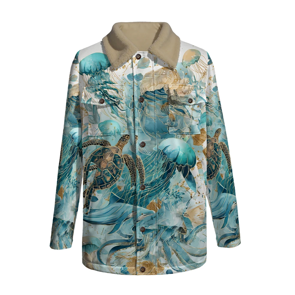 Ocean Sea Turtles Creature Print Jackets Coats with Cozy Faux Fur Collar Trending Sea Animals Pattern Fashion for Winter Fall