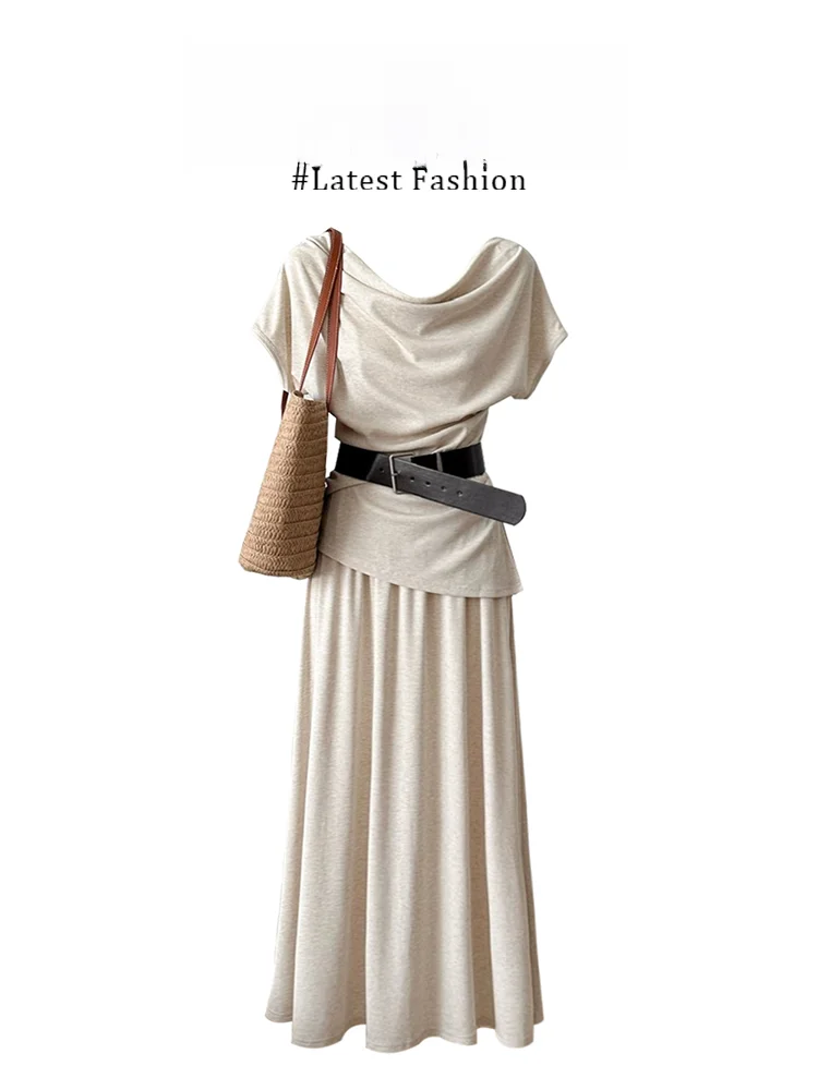 

Parkyeon Summer New Lazy Short Sleeve T-Shirt High Waist Draped Skirt Two-Piece Set Elastic Neck Design Casual Style Women's ...