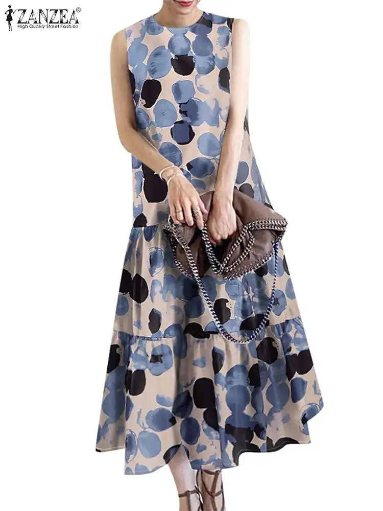 فساتين صيفية بوهيمية بدون أكمام من ZANZEA لعام 2024 فستان صيفي مطبوع عليه زهور فستان صيفي غير رسمي بحاشية مكشكشة طويلة رداء نسائي