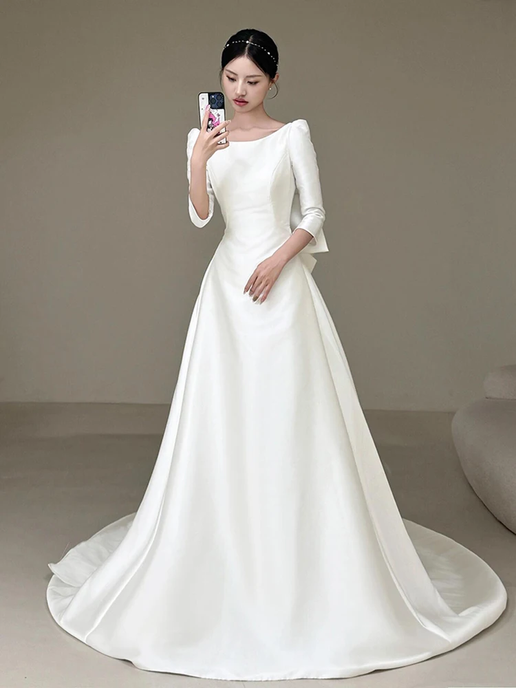 

Легкое свадебное платье из шелкового атласа в винтажном стиле с длинными рукавами и шлейфом, белое, для церемоний и торжеств