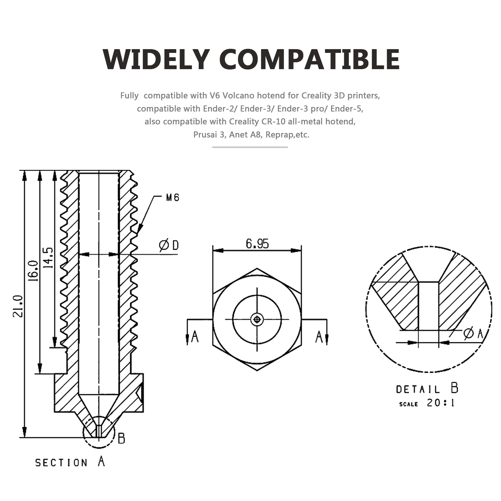 Creativity T-Volcano Plated Copper Nozzle Durable Non-stick High Performance M6 Thread For Volcano Hotend 3D printer part