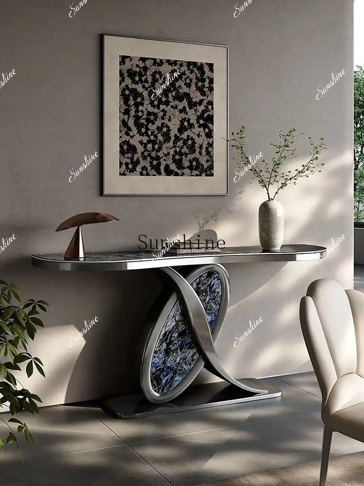 

Light luxury rock slab entrance table design simple modern strip case foyer end view table entry FT