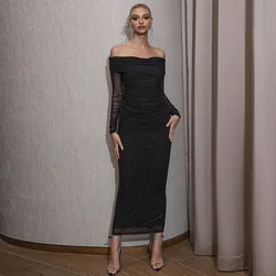 Women’s Sexy Sequin Mesh Off Shoulder Long Sleeve Ruched Dress Cocktail Gown Party Club