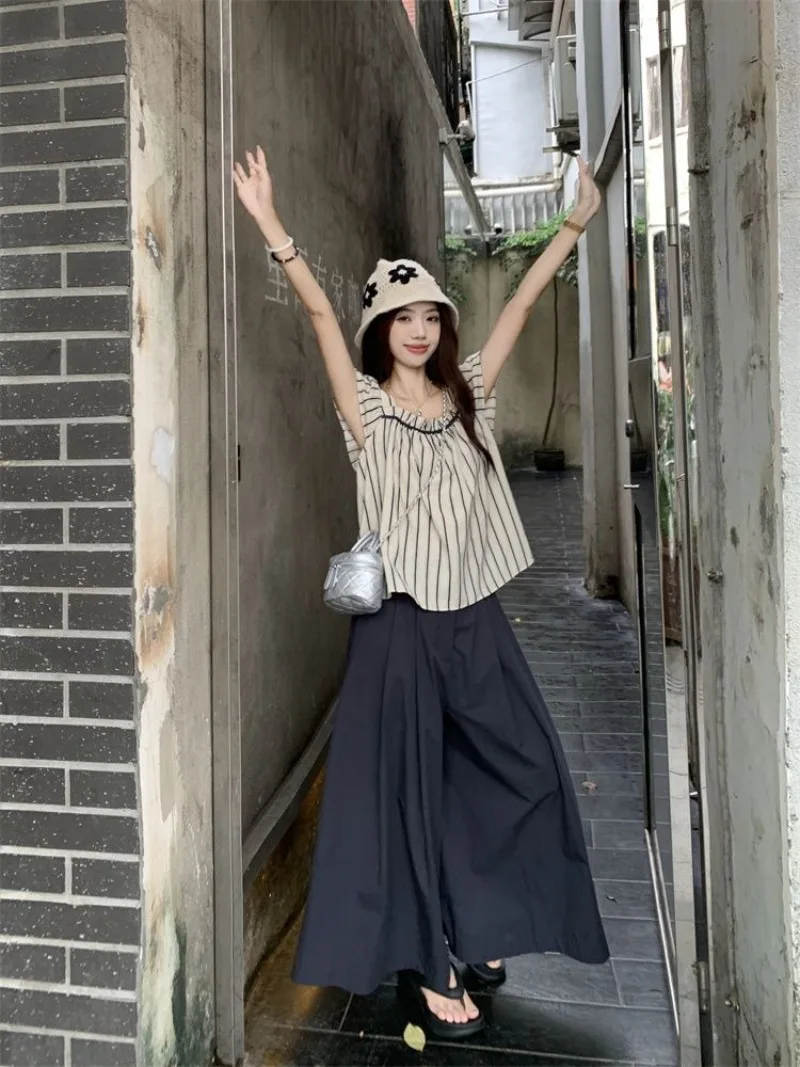 

Женский комплект в корейском стиле: ретро-рубашка с полосками и рюшами на рукавах, свободные широкие брюки, летний повседневный комплект из двух предметов