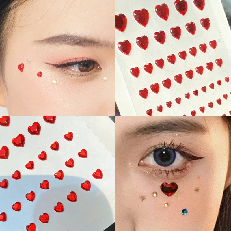 57PCS 3D 57Pcs/Sheet Heart Rhinestone Face Jewels Stickers Multicolor Self-Adhesive Gems for Diy Festival Party Eye Face Makeup