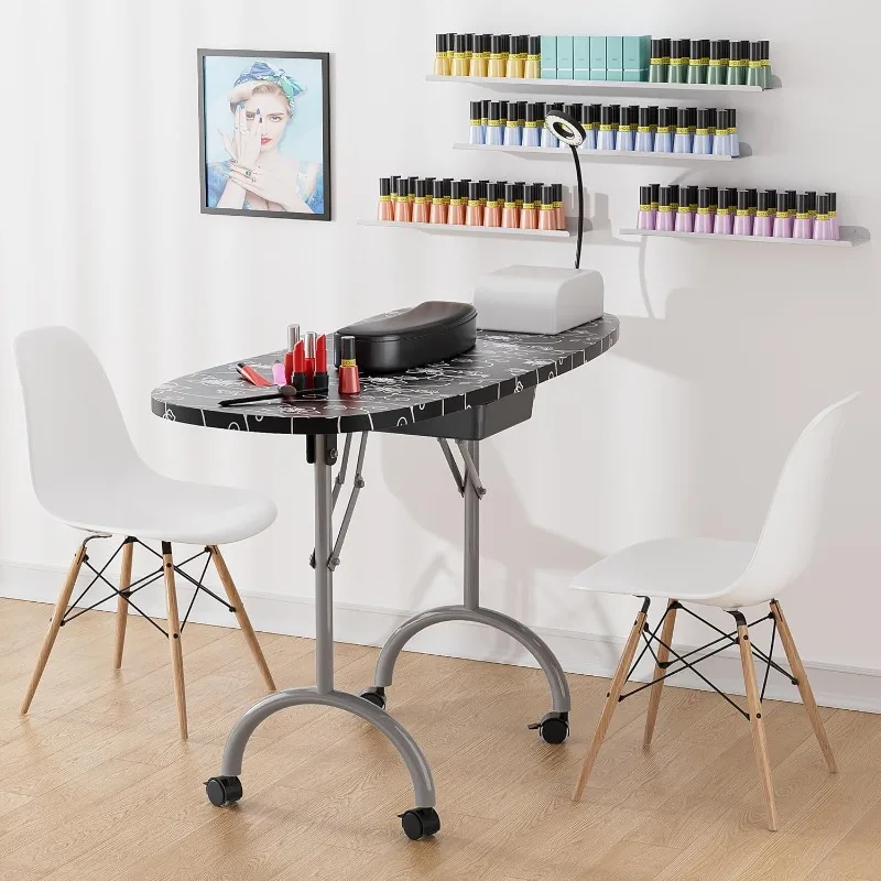 

NEW Portable Manicure Nail Table, Foldable Manicure Table with Drawer, LED Lamp