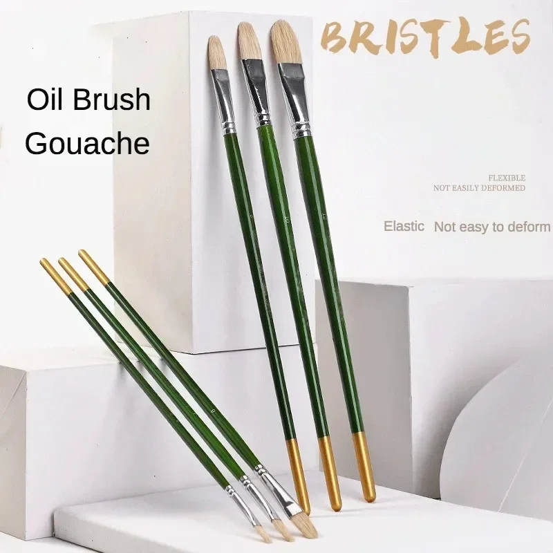 6 Pcs Sets Pig Bristles Green Rod Hanging Gold Tails Birch Rods Oil Paintbrush Hazelnut Shaped Gouache  Art Acrylic Row Pens Art